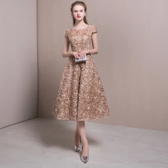 Chic Beautiful Homecoming Graduation Dresses 2017 Champagne A Line Princess Tea Length Scoop Neck Short Sleeve Backless Appliques Flower Metal Sash Formal Dresses