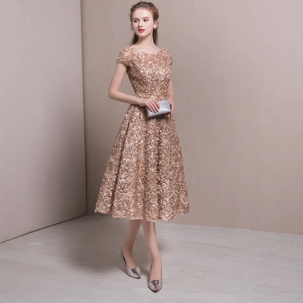 Chic / Beautiful Homecoming Graduation Dresses 2017 Champagne A-Line / Princess Tea-length Scoop Neck Short Sleeve Backless Appliques Flower Metal Sash Formal Dresses