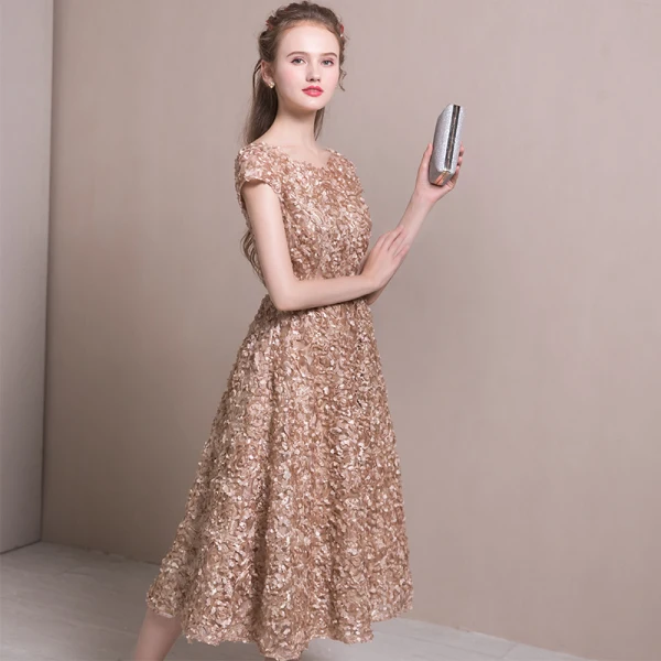 Chic / Beautiful Homecoming Graduation Dresses 2017 Champagne A-Line / Princess Tea-length Scoop Neck Short Sleeve Backless Appliques Flower Metal Sash Formal Dresses