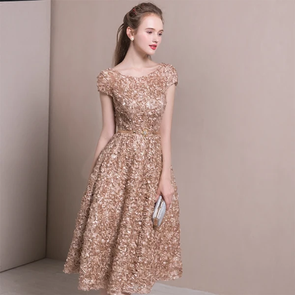 Chic / Beautiful Homecoming Graduation Dresses 2017 Champagne A-Line / Princess Tea-length Scoop Neck Short Sleeve Backless Appliques Flower Metal Sash Formal Dresses