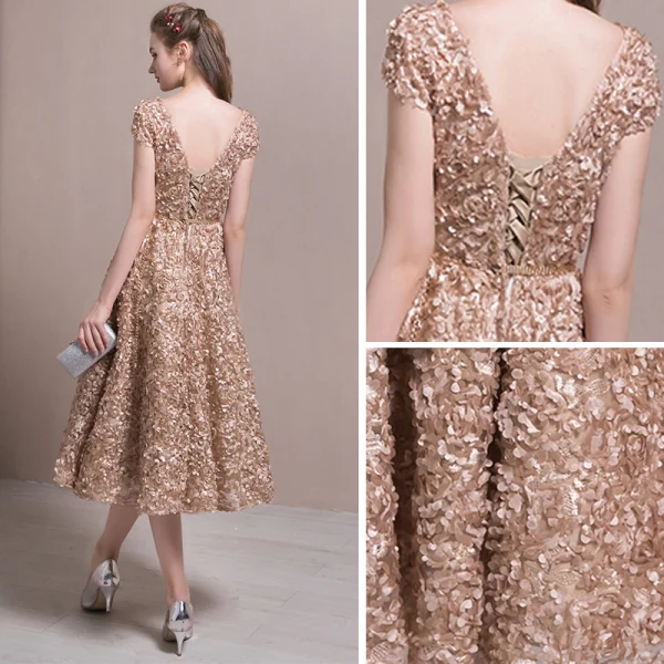 Chic / Beautiful Homecoming Graduation Dresses 2017 Champagne A-Line / Princess Tea-length Scoop Neck Short Sleeve Backless Appliques Flower Metal Sash Formal Dresses