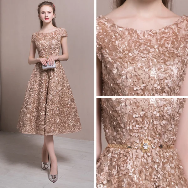Chic / Beautiful Homecoming Graduation Dresses 2017 Champagne A-Line / Princess Tea-length Scoop Neck Short Sleeve Backless Appliques Flower Metal Sash Formal Dresses