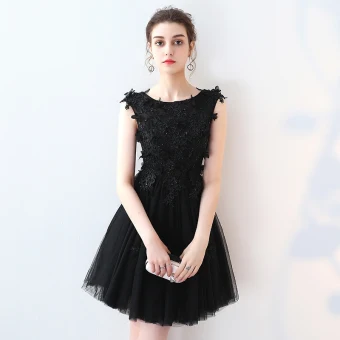 Chic Beautiful Party Dresses 2017 Black Short A Line Princess Scoop Neck Sleeveless Lace Appliques Pearl Beading Formal Dresses
