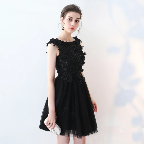 Chic / Beautiful Party Dresses 2017 Black Short A-Line / Princess Scoop Neck Sleeveless Lace Appliques Pearl Beading Formal Dresses