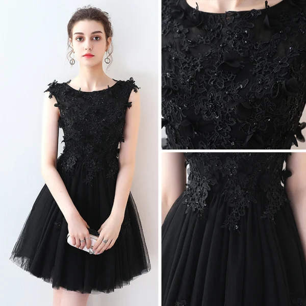 Chic / Beautiful Party Dresses 2017 Black Short A-Line / Princess Scoop Neck Sleeveless Lace Appliques Pearl Beading Formal Dresses