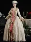 Vintage / Retro Medieval Beige Leaf Printing Prom Dresses 2024 Floor-Length / Long Lace U-Neck Cosplay A-Line / Princess Ball Gown Prom Formal Dresses