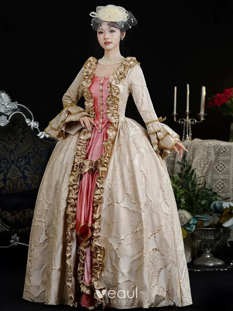 Vintage Retro Medieval Beige Leaf Printing Prom Dresses 2024 Floor Length Long Lace U Neck Cosplay A Line Princess Ball Gown Prom Formal Dresses