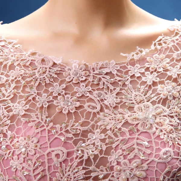 Chic / Belle Robe De Soirée 2017 Rose Bonbon Princesse Train De Balayage Encolure Dégagée Sans Manches Percé En Dentelle Appliques Perlage Perle Paillettes Cristal Ceinture Robe De Ceremonie