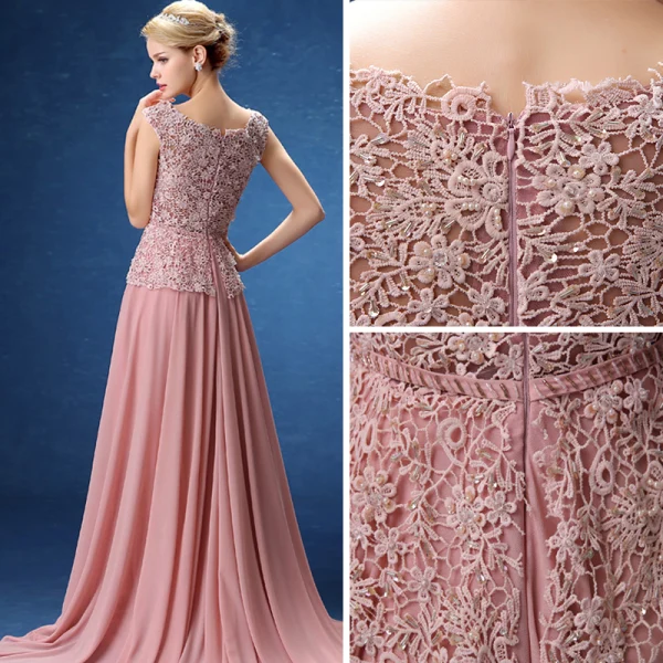 Chic / Belle Robe De Soirée 2017 Rose Bonbon Princesse Train De Balayage Encolure Dégagée Sans Manches Percé En Dentelle Appliques Perlage Perle Paillettes Cristal Ceinture Robe De Ceremonie