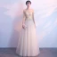 Elegant Champagne See-through Evening Dresses  2018 A-Line / Princess Scoop Neck Long Sleeve Appliques Lace Floor-Length / Long Ruffle Formal Dresses