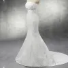 Chic / Beautiful Church Hall Wedding Dresses 2017 Lace Sash Rhinestone Pearl Backless Strapless Sleeveless Chapel Train White Trumpet / Mermaid