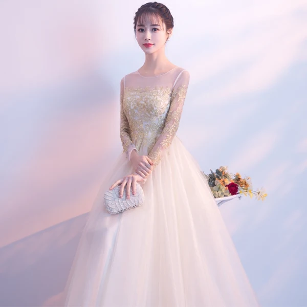 Elegant Champagne See-through Evening Dresses 2018 A-Line / Princess Scoop Neck Long Sleeve Appliques Lace Floor-Length / Long Ruffle Formal Dresses