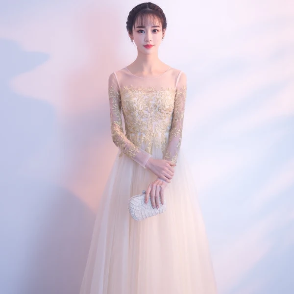 Elegant Champagne See-through Evening Dresses 2018 A-Line / Princess Scoop Neck Long Sleeve Appliques Lace Floor-Length / Long Ruffle Formal Dresses