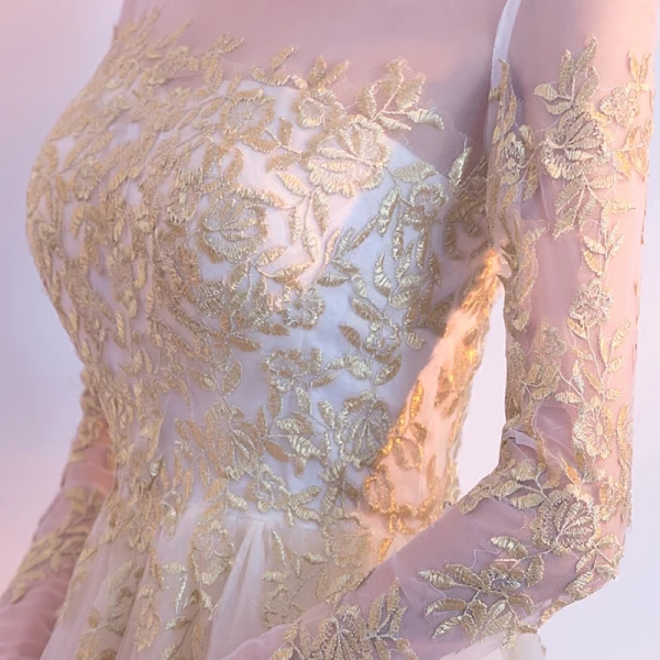 Elegant Champagne See-through Evening Dresses 2018 A-Line / Princess Scoop Neck Long Sleeve Appliques Lace Floor-Length / Long Ruffle Formal Dresses
