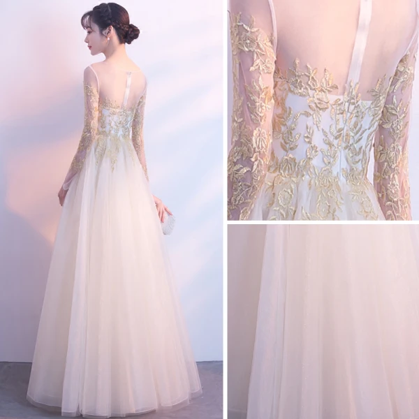 Elegant Champagne See-through Evening Dresses 2018 A-Line / Princess Scoop Neck Long Sleeve Appliques Lace Floor-Length / Long Ruffle Formal Dresses