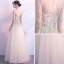 Elegant Champagne See-through Evening Dresses  2018 A-Line / Princess Scoop Neck Long Sleeve Appliques Lace Floor-Length / Long Ruffle Formal Dresses