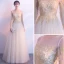 Elegant Champagne See-through Evening Dresses  2018 A-Line / Princess Scoop Neck Long Sleeve Appliques Lace Floor-Length / Long Ruffle Formal Dresses