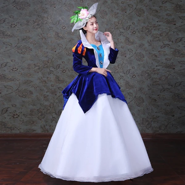 Vintage / Retro Medieval Royal Blue White Ball Gown Prom Dresses 2021 Square Neckline Long Sleeve Zipper Up Floor-Length / Long Beading Crystal Satin Tulle Cosplay Prom Formal Dresses
