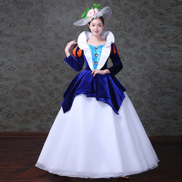 Vintage / Retro Medieval Royal Blue White Ball Gown Prom Dresses 2021 Square Neckline Long Sleeve Zipper Up Floor-Length / Long Beading Crystal Satin Tulle Cosplay Prom Formal Dresses
