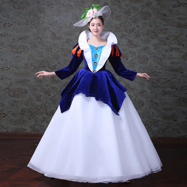 Vintage / Retro Medieval Royal Blue White Ball Gown Prom Dresses 2021 Square Neckline Long Sleeve Zipper Up Floor-Length / Long Beading Crystal Satin Tulle Cosplay Prom Formal Dresses