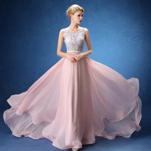 Chic Belle Robe De Soirée 2017 Rougissant Rose Princesse Train De Balayage Volants En Cascade Encolure Dégagée Sans Manches Percé Ceinture En Dentelle Appliques Paillettes Robe De Ceremonie