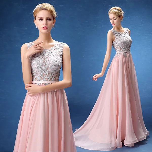 Chic / Belle Robe De Soirée 2017 Rougissant Rose Princesse Train De Balayage Volants en Cascade Encolure Dégagée Sans Manches Percé Ceinture En Dentelle Appliques Paillettes Robe De Ceremonie