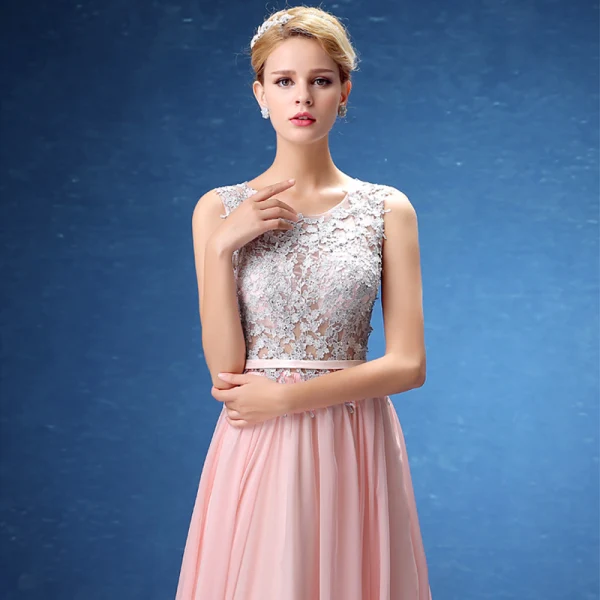 Chic / Belle Robe De Soirée 2017 Rougissant Rose Princesse Train De Balayage Volants en Cascade Encolure Dégagée Sans Manches Percé Ceinture En Dentelle Appliques Paillettes Robe De Ceremonie