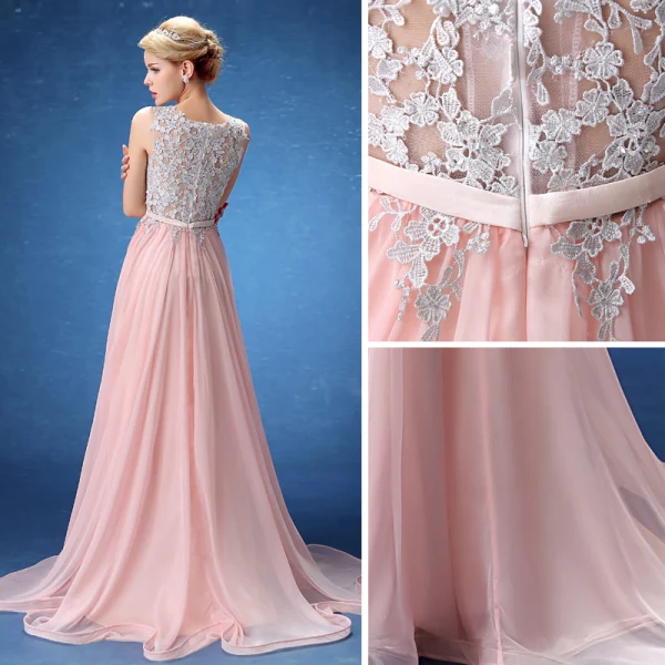 Chic / Belle Robe De Soirée 2017 Rougissant Rose Princesse Train De Balayage Volants en Cascade Encolure Dégagée Sans Manches Percé Ceinture En Dentelle Appliques Paillettes Robe De Ceremonie
