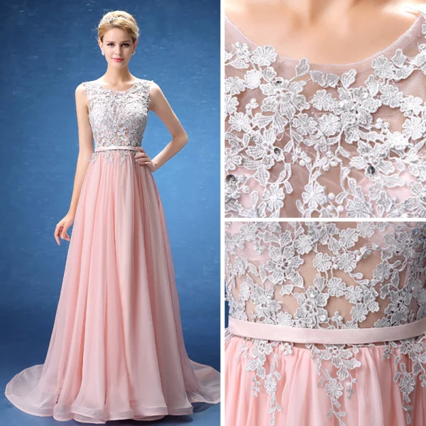 Chic / Belle Robe De Soirée 2017 Rougissant Rose Princesse Train De Balayage Volants en Cascade Encolure Dégagée Sans Manches Percé Ceinture En Dentelle Appliques Paillettes Robe De Ceremonie