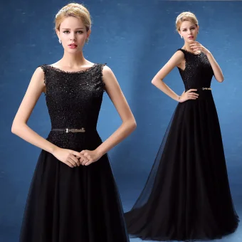 Chic Belle Robe De Soirée 2017 Noir Princesse Train De Balayage Encolure Dégagée Sans Manches Dos Nu Dentelle Appliques Paillettes Métal Ceinture Robe De Ceremonie