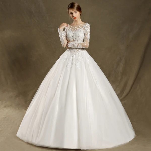 Modern / Fashion Wedding Dresses 2017 Ivory Ball Gown Sweep Train Scoop Neck Long Sleeve Backless Pierced Lace Appliques