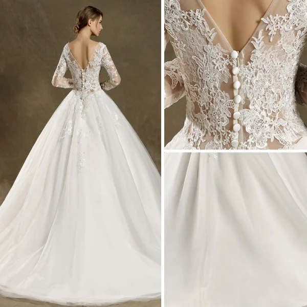 Modern / Fashion Wedding Dresses 2017 Ivory Ball Gown Sweep Train Scoop Neck Long Sleeve Backless Pierced Lace Appliques