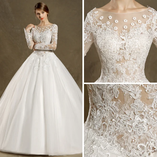 Modern / Fashion Wedding Dresses 2017 Ivory Ball Gown Sweep Train Scoop Neck Long Sleeve Backless Pierced Lace Appliques