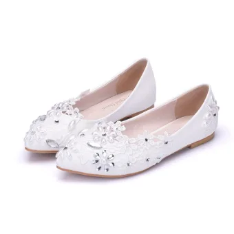 Chic Belle Blanche Perle Faux Diamant En Dentelle Fleur Chaussure De Mariée 2025 Mariage