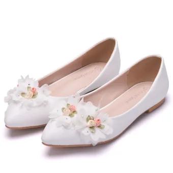 Elegant White Appliques Flat Wedding Shoes 2025 Pointed Toe Wedding Heels