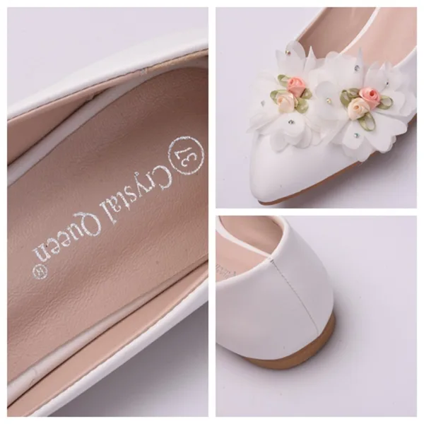 Elegant White Appliques Flat Wedding Shoes 2025 Pointed Toe Wedding Heels