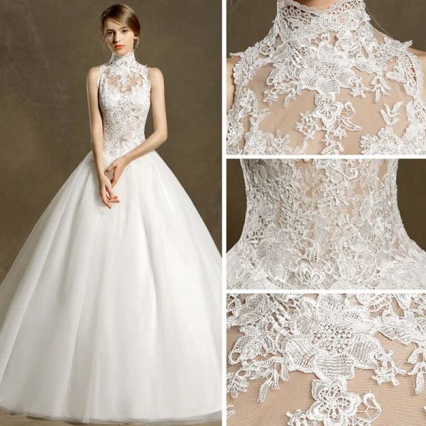 Chinese style Wedding Dresses 2017 Ivory Ball Gown Sweep Train High Neck Sleeveless Pierced Lace Appliques
