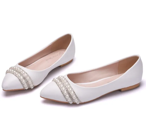 Eleganckie Białe Rhinestone Perła Płaskie Szpiczaste Buty Ślubne 2025
