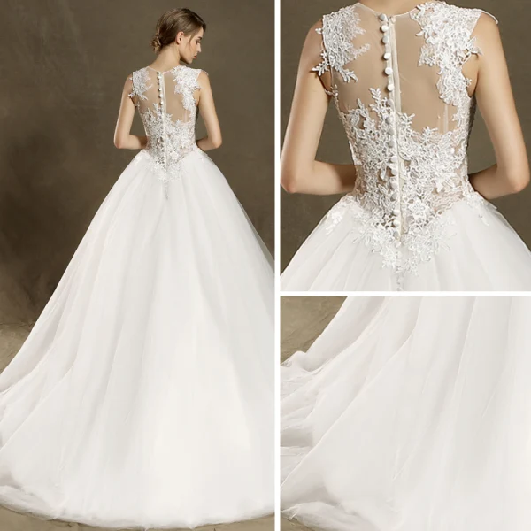 Modern / Fashion Church Wedding Dresses 2017 White Ball Gown Chapel Train Scoop Neck Sleeveless Pierced Lace Appliques