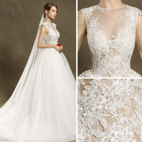 Modern / Fashion Church Wedding Dresses 2017 White Ball Gown Chapel Train Scoop Neck Sleeveless Pierced Lace Appliques