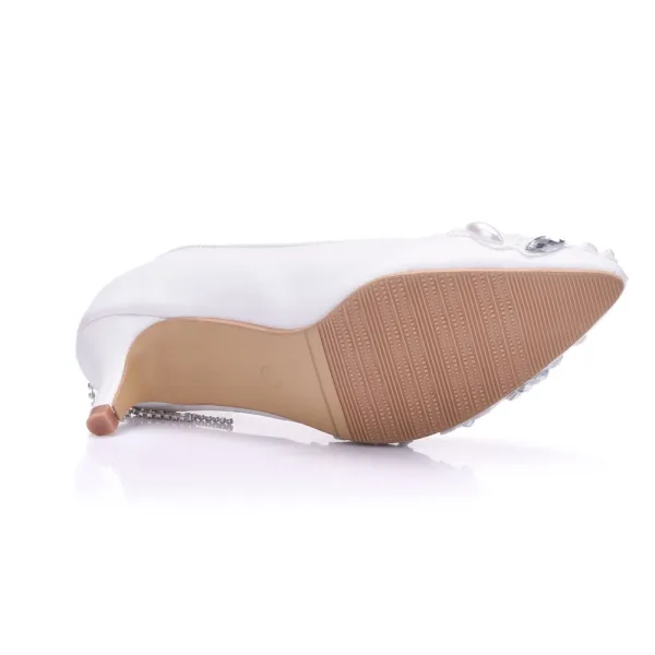 Elegante Witte Rhinestone Kant Bloem Lage Hak Bruidsschoenen 2025 3 cm Naaldhakken / Stiletto Spitse Neus Huwelijk Pumps Hoge Hakken