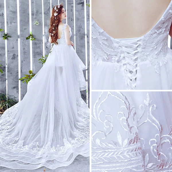 Schöne Strand Brautkleider / Hochzeitskleider 2017 A Linie Asymmetrisch V-Ausschnitt Ärmellos Rückenfreies Spitze Applikationen