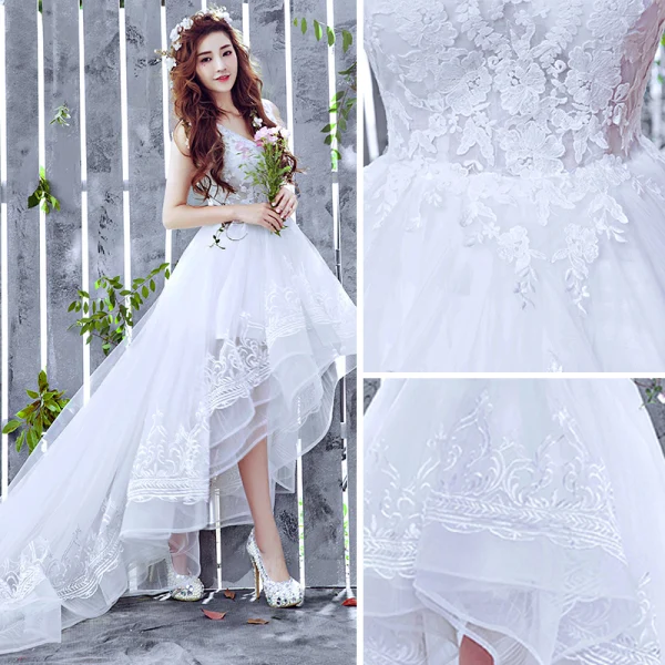 Schöne Strand Brautkleider / Hochzeitskleider 2017 A Linie Asymmetrisch V-Ausschnitt Ärmellos Rückenfreies Spitze Applikationen