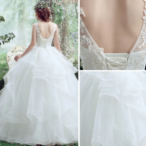 Chic / Beautiful Outdoor / Garden Wedding Dresses 2017 White Ball Gown Floor-Length / Long Scoop Neck Sleeveless Backless Pierced Lace Appliques Beading Pearl Sequins