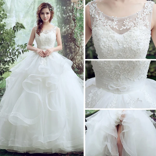 Chic / Beautiful Outdoor / Garden Wedding Dresses 2017 White Ball Gown Floor-Length / Long Scoop Neck Sleeveless Backless Pierced Lace Appliques Beading Pearl Sequins