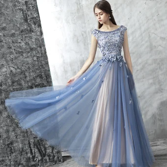 Chic Belle Robe De Soirée 2017 Bleu D Encre Princesse Longue Volants En Cascade Encolure Dégagée Sans Manches Dos Nu Perle Appliques Fleur Robe De Ceremonie