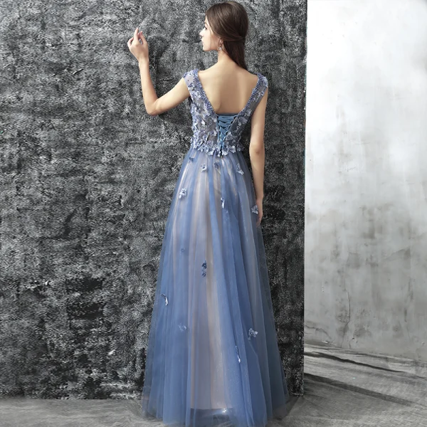 Chic / Belle Robe De Soirée 2017 Bleu D'encre Princesse Longue Volants en Cascade Encolure Dégagée Sans Manches Dos Nu Perle Appliques Fleur Robe De Ceremonie
