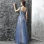 Chic / Belle Robe De Soirée 2017 Bleu D'encre Princesse Longue Volants en Cascade Encolure Dégagée Sans Manches Dos Nu Perle Appliques Fleur Robe De Ceremonie
