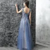 Chic / Beautiful Evening Dresses  2017 Ink Blue A-Line / Princess Floor-Length / Long Cascading Ruffles Scoop Neck Sleeveless Backless Pearl Appliques Flower Formal Dresses
