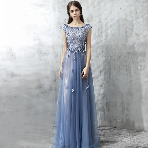Chic / Belle Robe De Soirée 2017 Bleu D'encre Princesse Longue Volants en Cascade Encolure Dégagée Sans Manches Dos Nu Perle Appliques Fleur Robe De Ceremonie